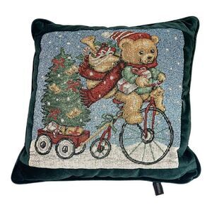 Vintage Portofino Christmas Santa Bear Pillow 13" Festive Decor Velvet Tapestry